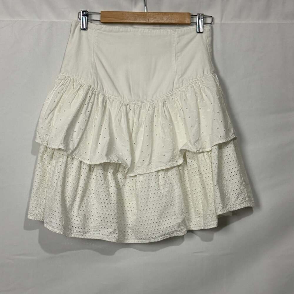 1990s Contempo Casuals White Eyelet Tiered Ruffle Mini Skirt Size 11 Vintage